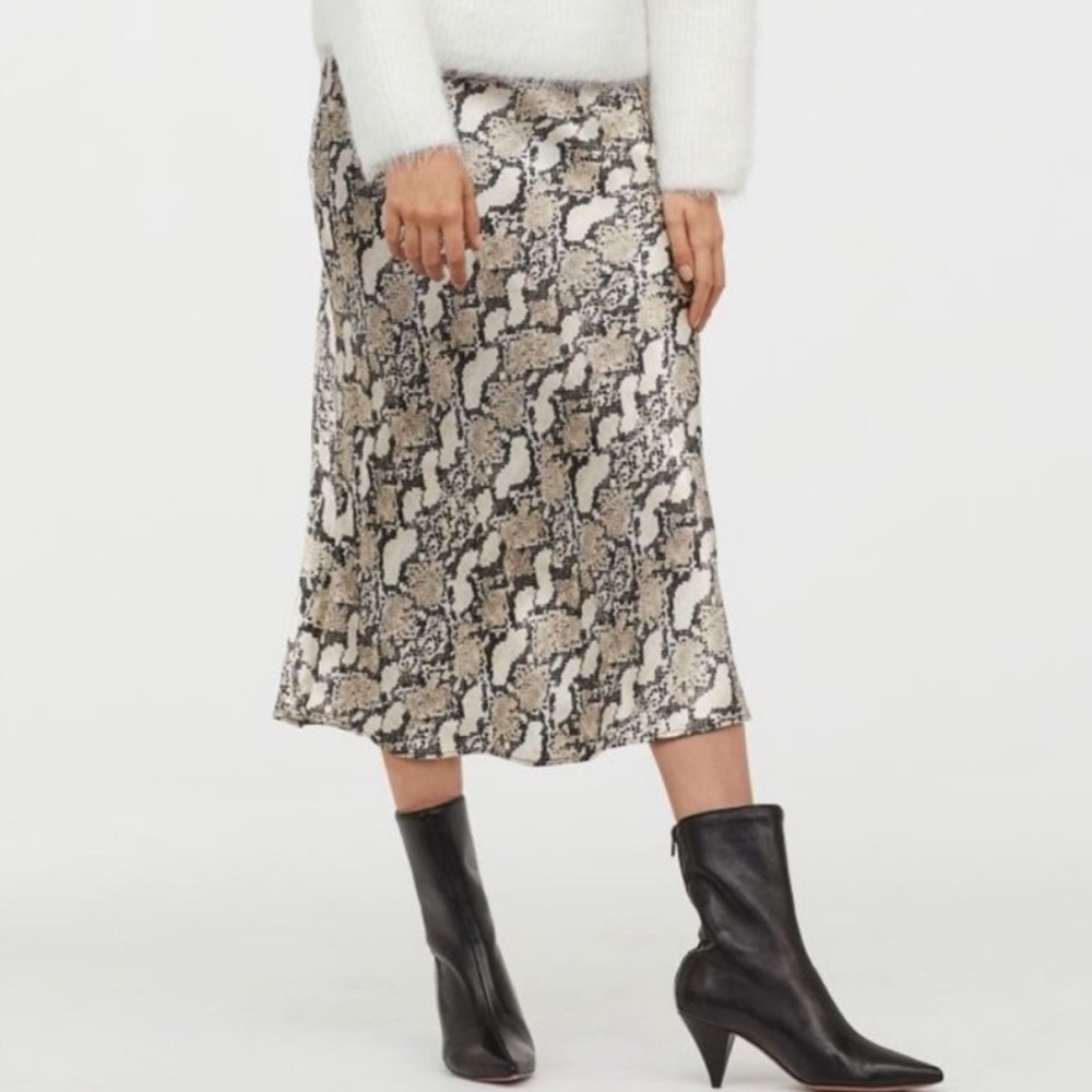 H&M Satin Silk Snake Print Midi Skirt